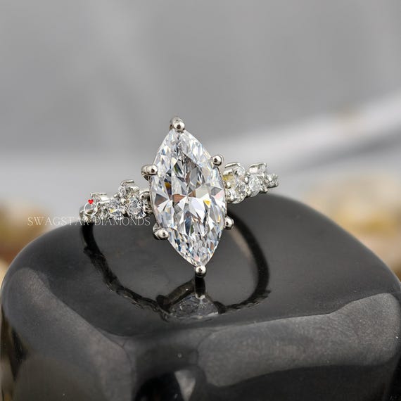 Marquise Cut Engagement Ring Lab Grown Diamond, 2 CT Solitaire Diamond Ring, Solid 18K White Gold Ring, Round Accent Ring, Anniversary Gift