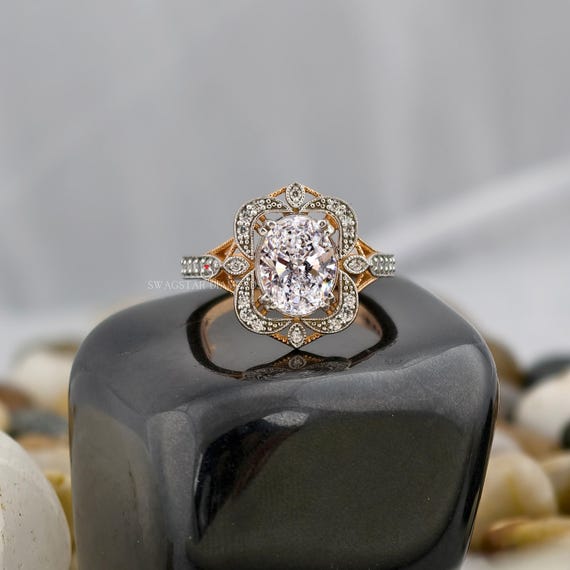Vintage style Oval Cut Engagement Ring Lab Grown Diamond, 2 CT Diamond Ring, 18K Rose Gold Ring, Wedding Ring For Bride Anniversary gift