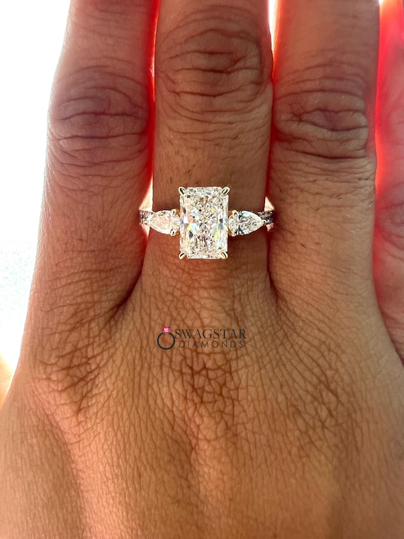 3CT Radiant Cut Lab Diamond Ring Radiant Cut Engagement Ring IGI Certified Lab Grown Diamond Side Pear Diamond Wedding Ring Anniversary Gift