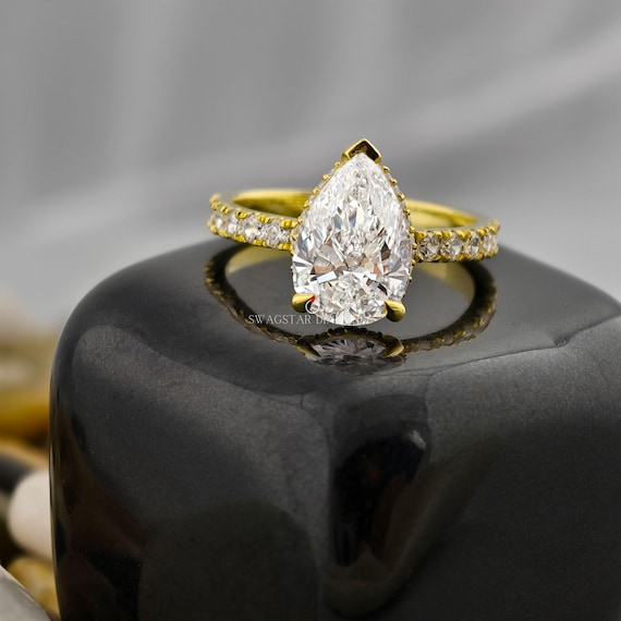 3CT Pear Cut Lab Grown Diamond Hidden Halo Engagement Ring, CVD Diamond Ring, Pave Setting Ring, 18K Solid Gold Ring, Wedding Gift For Her