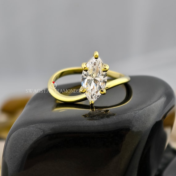 Marquise Cut Engagement Ring Lab Grown Diamond, 2 CT Solitaire Diamond Ring, 18K Gold Ring, Unique Style Shank, Wedding Gift Ring For Her