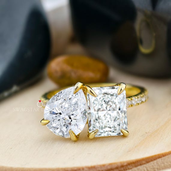4 CT Toi Et Moi Pear And Radiant Cut Engagement Ring Lab Grown Diamond, Pave Setting, Two Stone Propose Ring, Anniversary Gift For Her