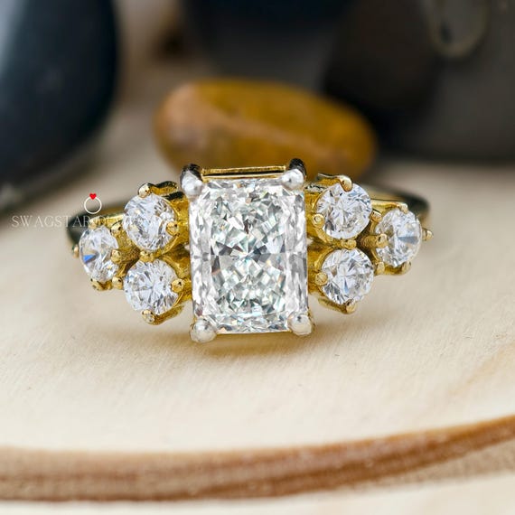 2.00 CT Radiant Cut Engagement Ring Lab Grown Diamond, Seven Stone Ring, Side Round Diamond Ring, Solid 18K Gold Wedding Ring For Her