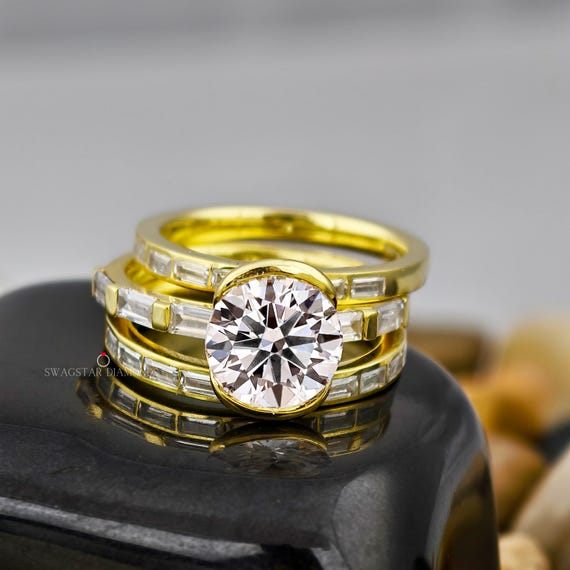 5.00TCW Bridal Set Lab Diamond Round Cut Wedding Ring Band Set Baguette Wedding Band Ring Half Bezel Round Cut Engagement Lab Grown Diamond