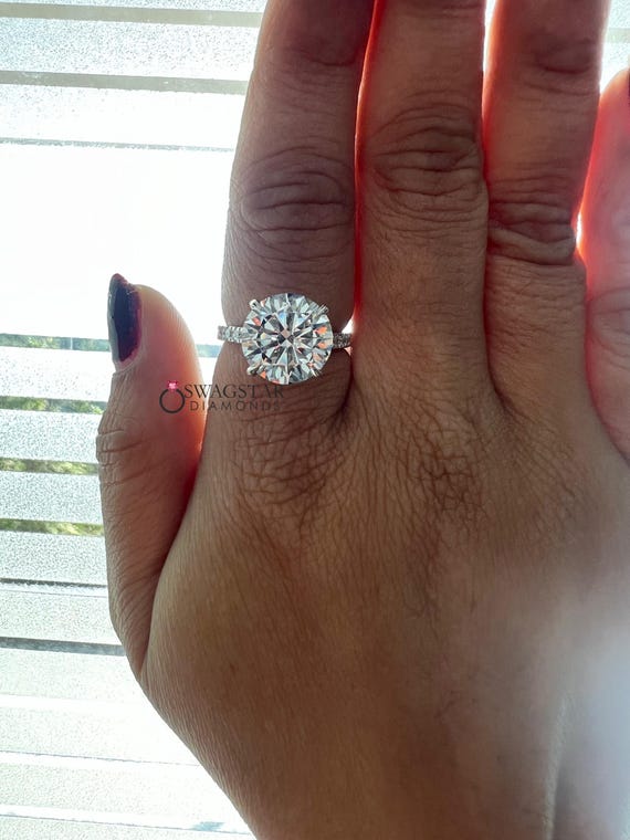 5 Carat Round Cut Lab Grown Diamond Solitaire Ring / Cathedral Claw Prong Engagement Ring / 18k Yellow Gold / IGI Certified Lab Diamond Ring