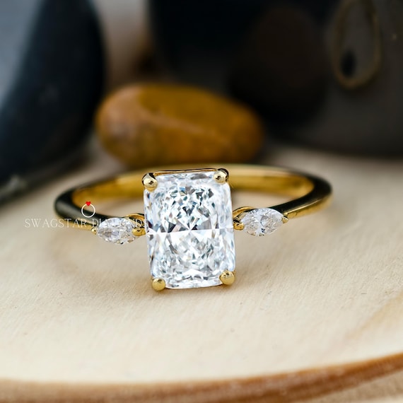 2.00 CT Radiant Cut Engagement Ring Lab Grown Diamond, Three Stone Ring, Side Marquise Diamond Ring, 18K Solid Gold Wedding Ring For Bride