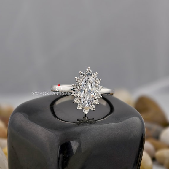 Marquise Cut Engagement Ring Lab Grown Diamond, 2 CT Solitaire Diamond Ring, Solid 18K White Gold Ring, Halo Setting Ring, Anniversary Gift