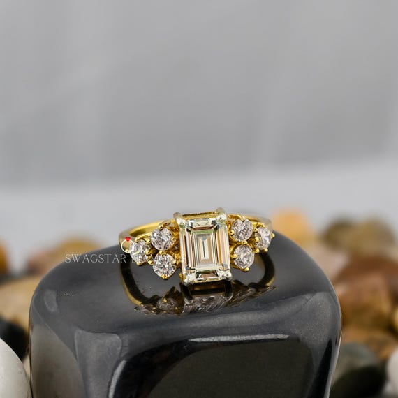 Emerald Cut Engagement Ring Lab Grown Diamond, 2 CT Diamond Ring, Seven Stone Ring, Side Round Diamond Ring, 14K Gold Wedding Ring For Her