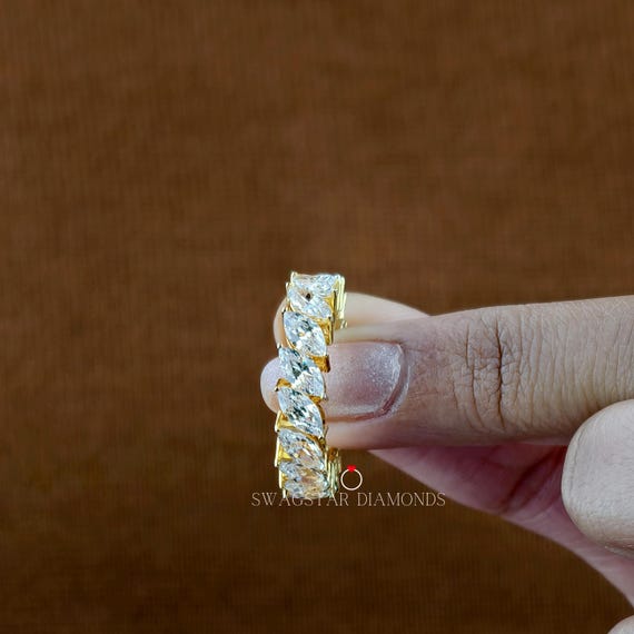 Marquise Cut Lab Grown Diamond Full Eternity Band, Gift for Her 14K Yellow Gold CVD Diamond Stacking Band, V Claw Prong Set Diamond Band