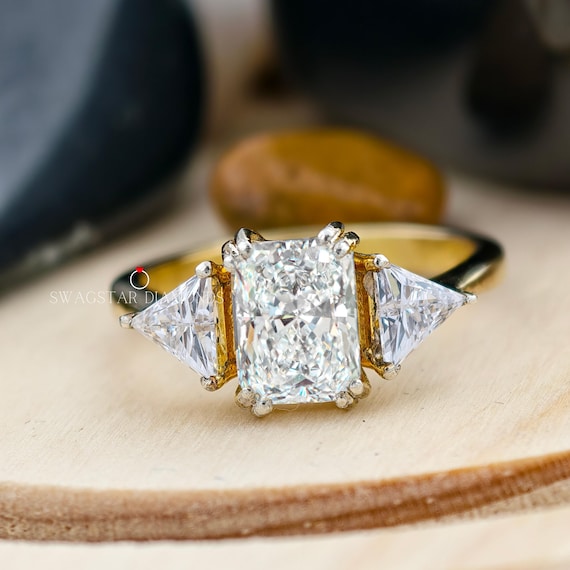 2.00 CT Radiant Cut Engagement Ring Lab Grown Diamond, Three Stone Ring, Side Triangle Diamond Ring, 18K Solid Gold Wedding Ring For Her