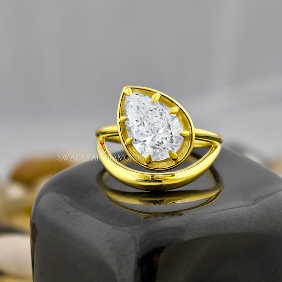 Pear Cut Engagement Ring Lab Grown Diamond Ring, 3 CT Diamond Ring, Prong Set, Solitaire Diamond Ring, Yellow Gold Ring, Anniversary Gift