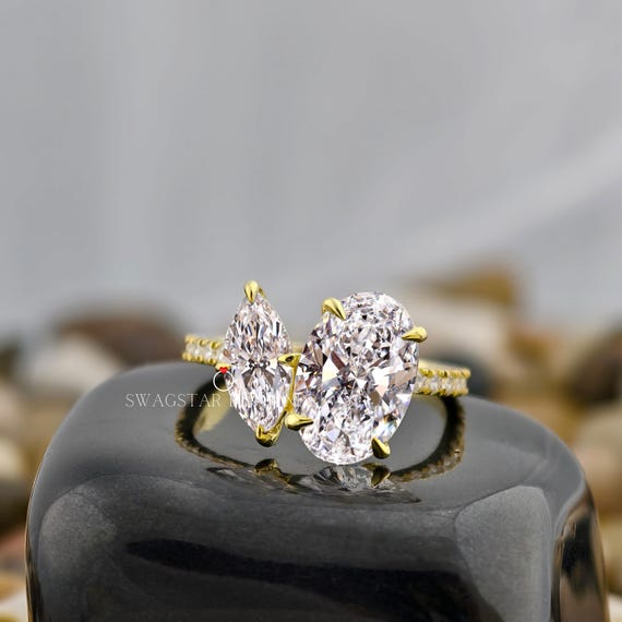 3CT Toi Et Moi Oval and Marquise Cut Ring Lab Grown Diamond Ring Marquise Cut Toi Et Moi Ring Oval Cut Toi Et Moi Ring Gold Engagement Ring