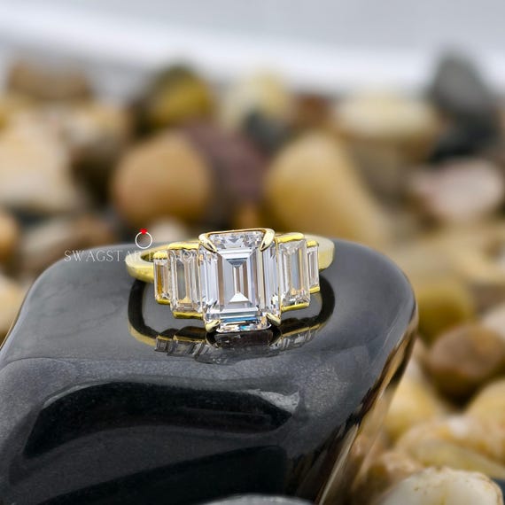 3 stone Emerald Cut Lab Grown Diamond ring Engagement Ring cvd diamond ring 14K Gold Anniversary Wedding Proposal Ring For Her