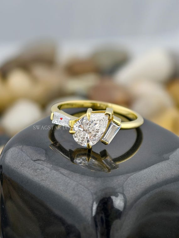 Unique Pear Baguette Cut Engagement Ring Lab Grown Diamond, Anniversary Gift, CVD Diamond Ring, 18K Yellow Gold Ring, Wedding Ring For Bride