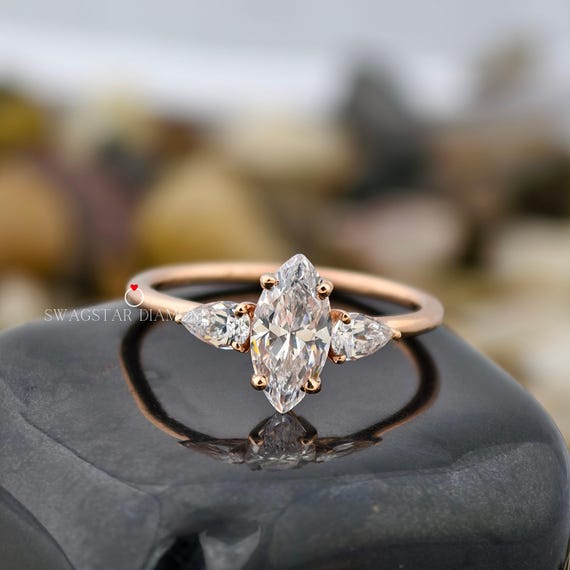 3 stone Marquise Cut Lab Diamond ring Engagement Ring, Marquise Three Stone Wedding Ring, 14K Gold Diamond Ring, Trilogy Ring, Unique Rings