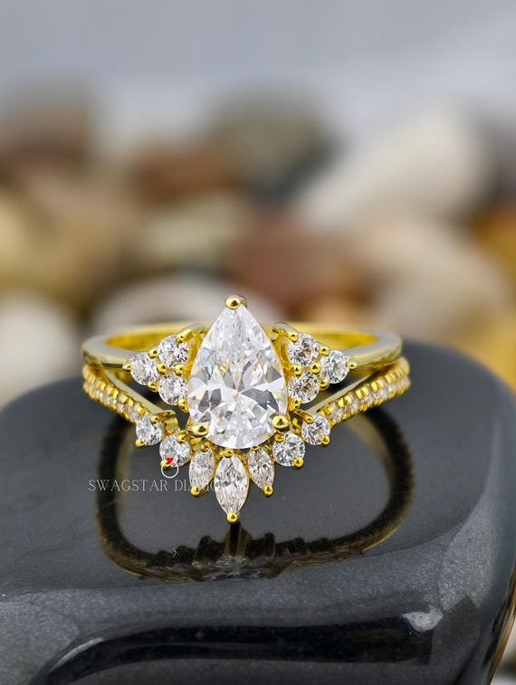 Pear, Marquise And Round Cut Engagement Ring Lab Grown Diamond, 1 CT Diamond Ring, Prong Set Ring, Yellow Gold Ring, Wedding Ring For Bride