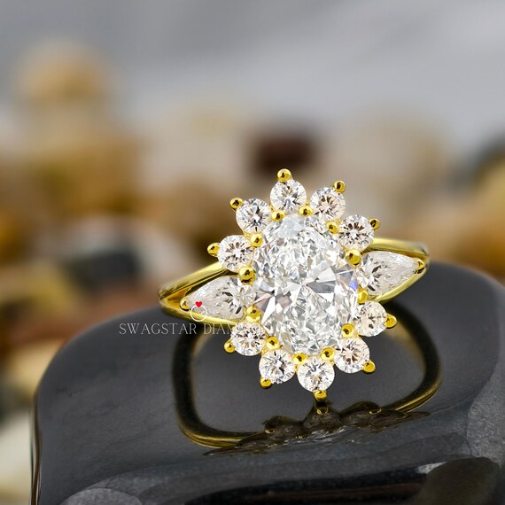 2CT Oval Cut Halo Cluster Ring Lab Grown Diamond, Engagement Ring, Side Round and Pear Cut Diamond Ring, Wedding Ring, Anniversary Ring Gift