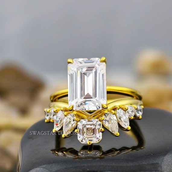 Emerald Cut Engagement Ring Lab Grown Diamond, 2 CT Diamond Ring, Yellow Gold Ring, Double Band Ring For Her, Wedding Ring For Bride