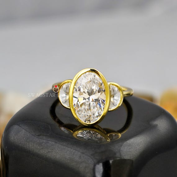 Oval Cut Engagement Ring Lab Grown Diamond, 2 CT Diamond Ring, Three Stone Ring, 18K Gold Ring, Half Moon Accent Ring, Wedding Ring For Her