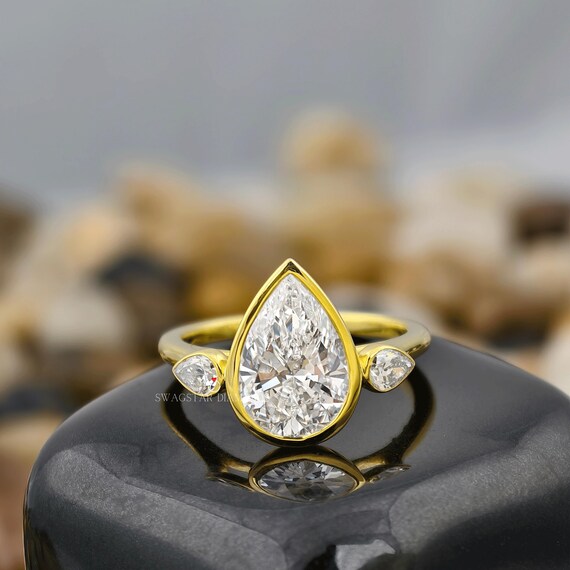 Bezel set Pear Cut Engagement Ring Lab Grown Diamond 3 CT Ring, Three Stone Ring, 18k Yellow Gold Ring For Women, Anniversary Ring Gift