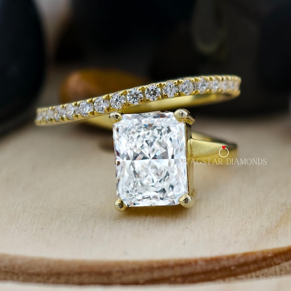 2.00 CT Emerald Cut Engagement Ring Lab Grown Solitaire Diamond, Open Wrap Statement Ring, 14K Gold Ring, Unique Style Ring For Her