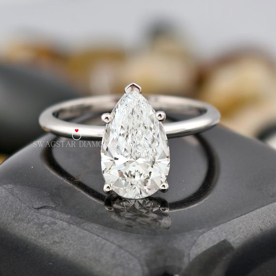 Pear Cut Engagement Ring Lab Grown Diamond, 3 CT Solitaire Diamond Ring, Prong Setting, Solid 18K White Gold Ring, Wedding Ring For Bride
