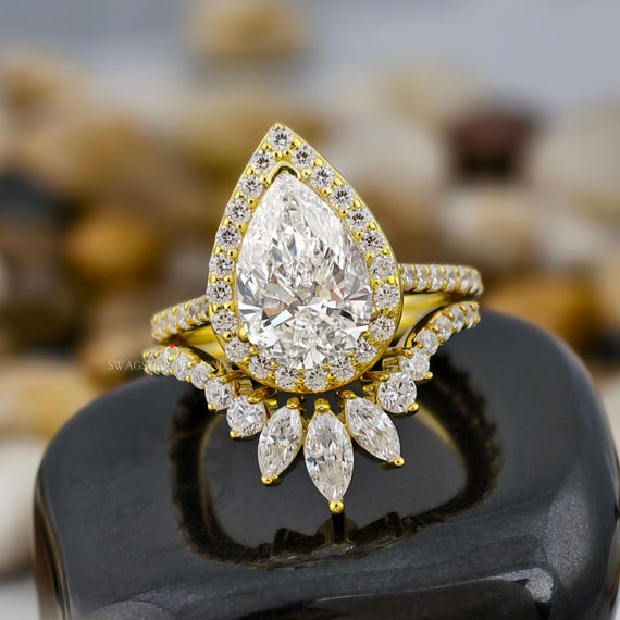 Pear Cut Wedding Ring Set Marquise Matching band Lab Grown Diamond Ring Pear Cut Bridal Set Lab Diamond Pear Cut Halo Wedding Matching Ring