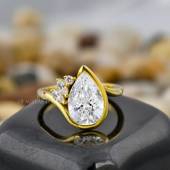 Pear Cut Engagement Ring Lab Grown Diamond, 2 CT Solitaire Diamond Ring, 18K Yellow Gold Ring, Side Accents Marquise And Round Diamond Ring