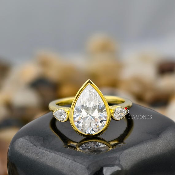 Pear Cut Engagement Ring Lab Grown Diamond, 3 CT Diamond Ring, Prong Setting Ring, Three Stone Ring, 18k Yellow Gold Ring For Women