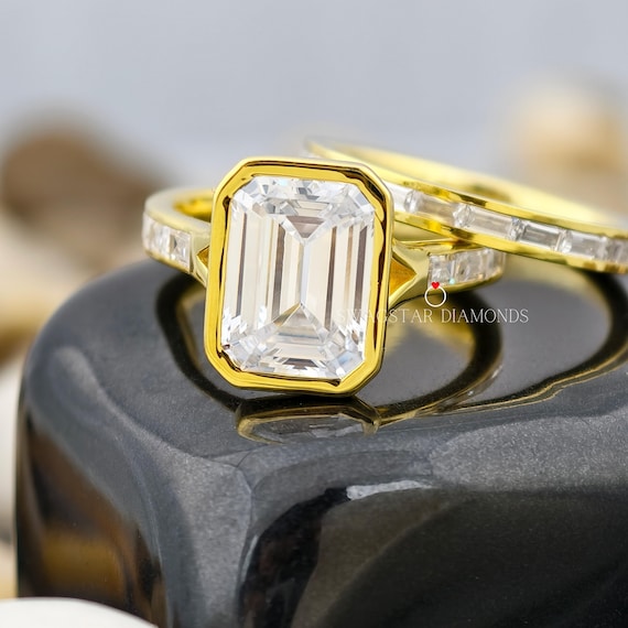 Emerald Cut Engagement Ring Lab Grown Diamond, 2 CT Solitaire Diamond Ring, Yellow Gold Ring, Double Band , Side Accents Baguette Diamond