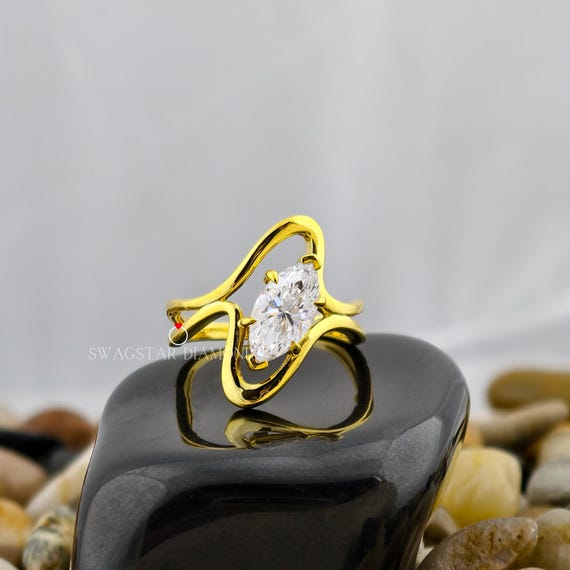Marquise Cut Engagement Ring Lab Grown Diamond, 2 CT Solitaire Diamond Ring, Wave Shank & Twisted Band, 18K Gold Ring, Wedding Ring