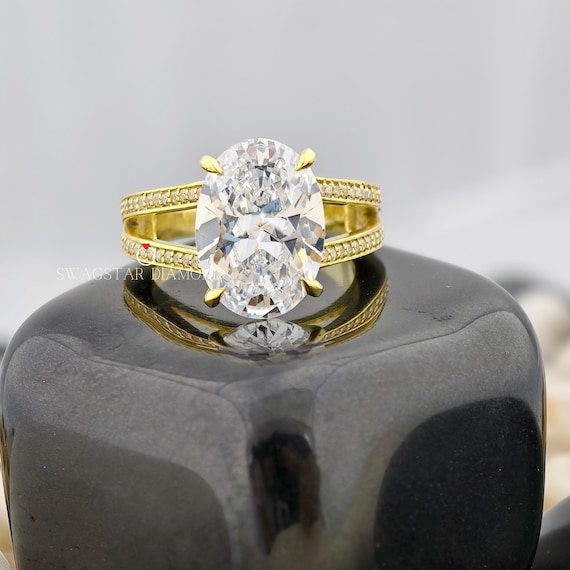 5ct Oval Cut Lab Grown Diamond Ring Engagement CVD Diamond Split Shank Ring Solid 18K Yellow Gold Ring, Celebrity Style Ring, Wedding Ring