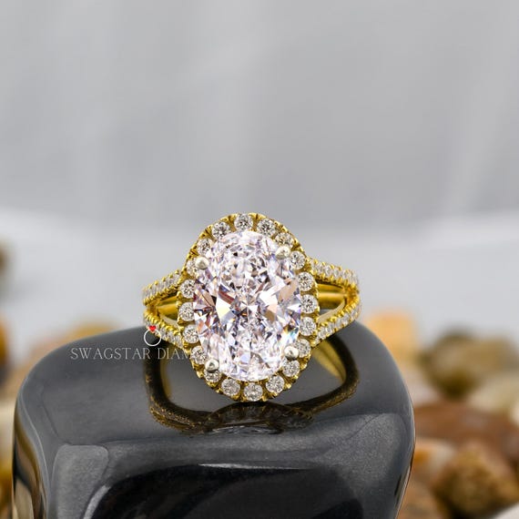 3.50ct Oval Cut Halo Engagement Ring Lab Grown Diamond / CVD Solitaire Diamond Ring / Split Shank Ring / Split Shank / Wedding Ring For Her