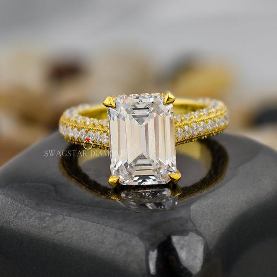 Emerald Cut Engagement Ring Lab Grown Diamond Ring, 2 CT Diamond Ring, Yellow Gold Ring, Side Accents Round Diamond Ring, Prong Set Ring
