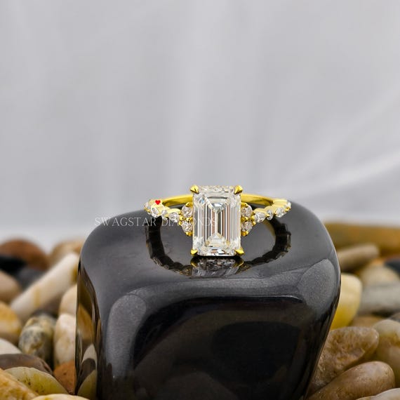 Emerald Cut Engagement Ring Lab Grown Diamond Rinng, 2 CT Diamond Ring, Pave Set Ring, Side Accents Round And Pear Diamond Ring, 18k Gold