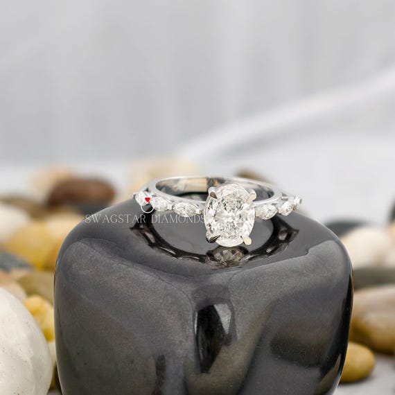 Oval Cut Engagement Ring Lab Grown Diamond, 2 CT Solitaire Diamond Ring, 18K White Gold Ring, Marquise Accent Ring, Wedding Ring For Her