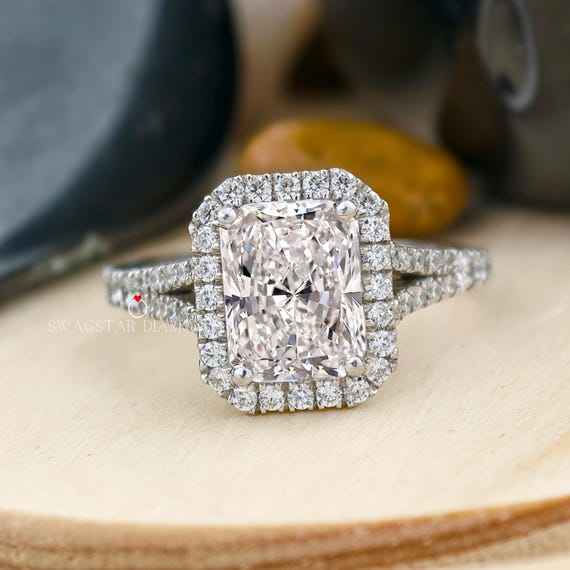 2CT Halo Radiant Cut Ring Lab Grown Diamond / Engagement Lab Diamond Ring / Radiant Cut Split Shank Ring / 18kt White Gold Radiant Cut Ring