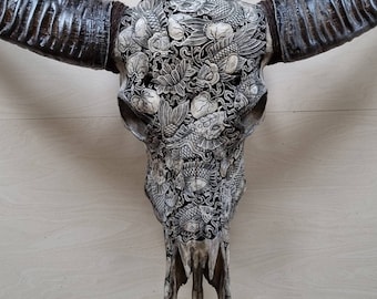 carved buffalo skull KOI fish Japanese style grey