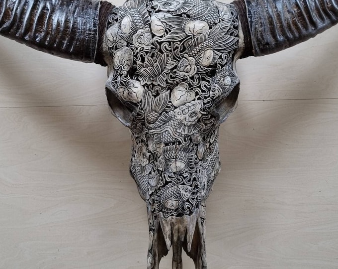 carved buffalo skull KOI fish Japanese style grey
