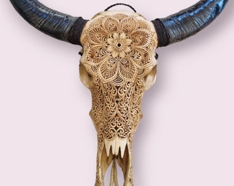 Hand-Carved Buffalo Skull – Mandala Floral Design | Boho Rustic Wall Art