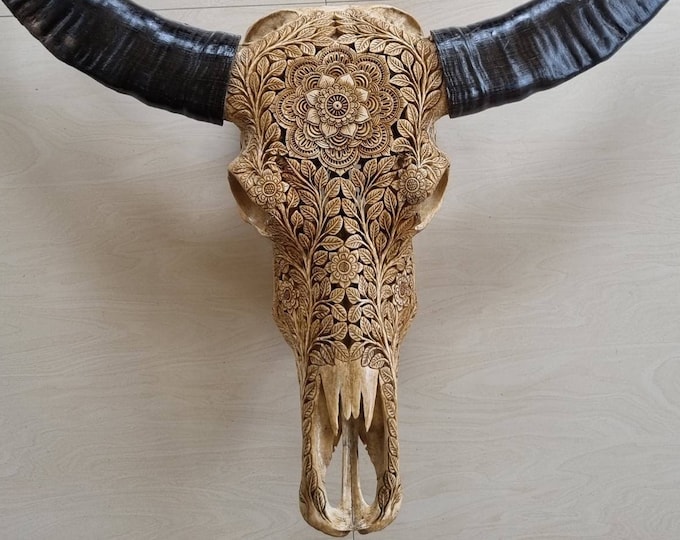 Carve buffalo skull mandala leaf antic