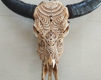 Hand Carved Buffalo Skull Wall Art – Mandala Tribal Boho Decor, Large Rustic Statement Sculpture