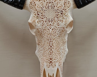 carved skull buffalo skull floral patern