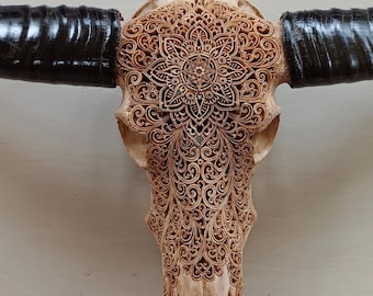 carved skull buffalo skull Mandala antic