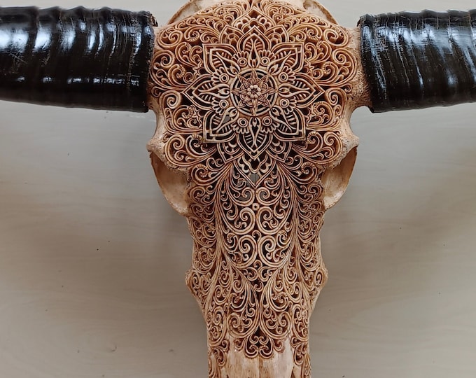 carved skull buffalo skull Mandala antic