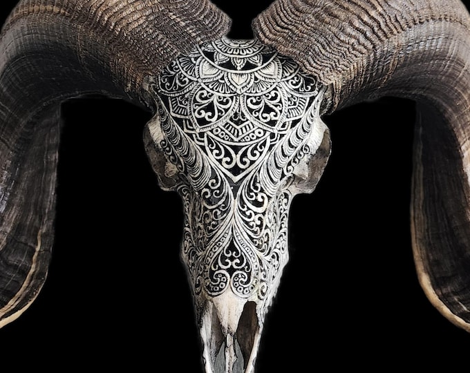 carved ram skull half mandala