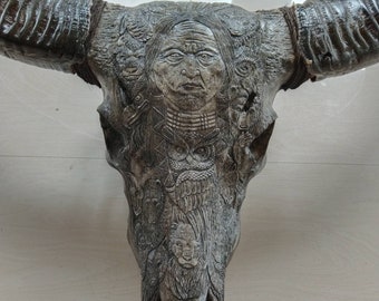 Carved buffalo skull Indian natif amerca