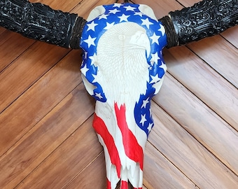 buffalo skull carving eagle American flag  with carved horn