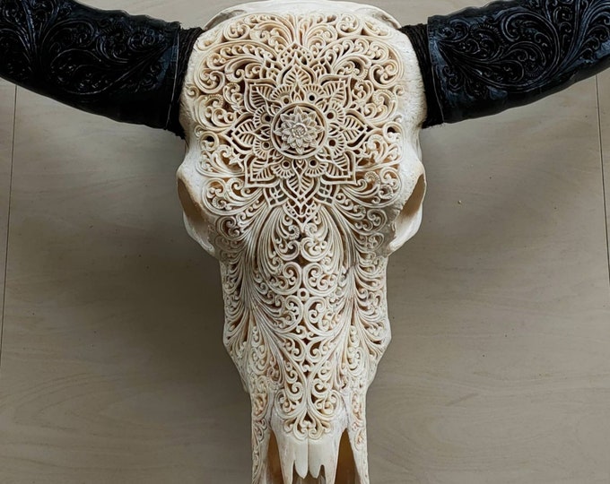 carve buffalo skull mandala full horn carving