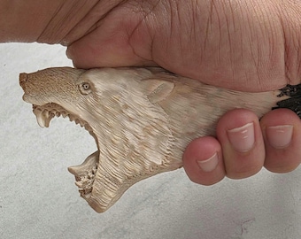 Hand Carved Deer Antler Knife Handle – Bear Head Design | for Custom Knife